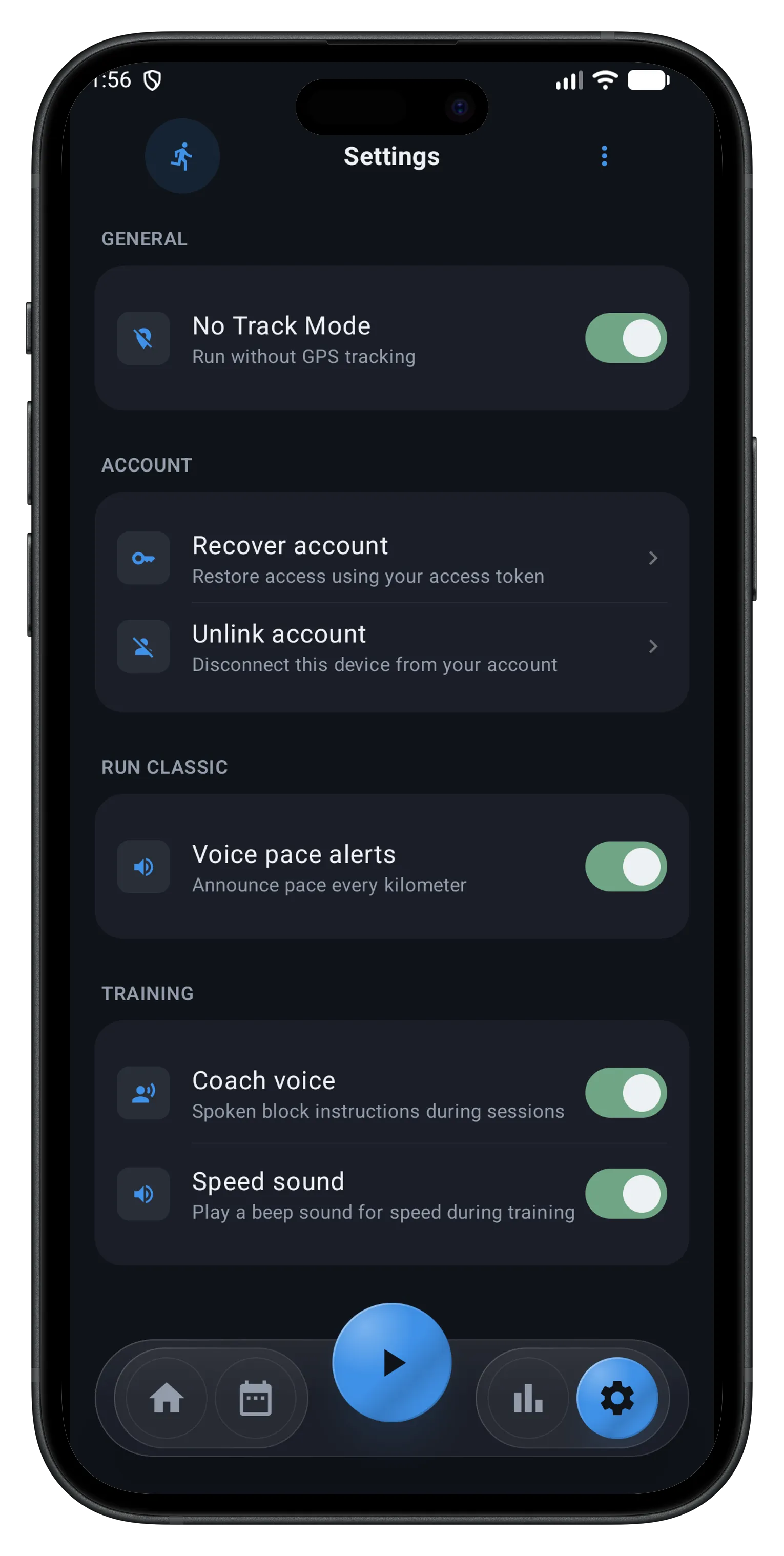 General overview of the Settings screen