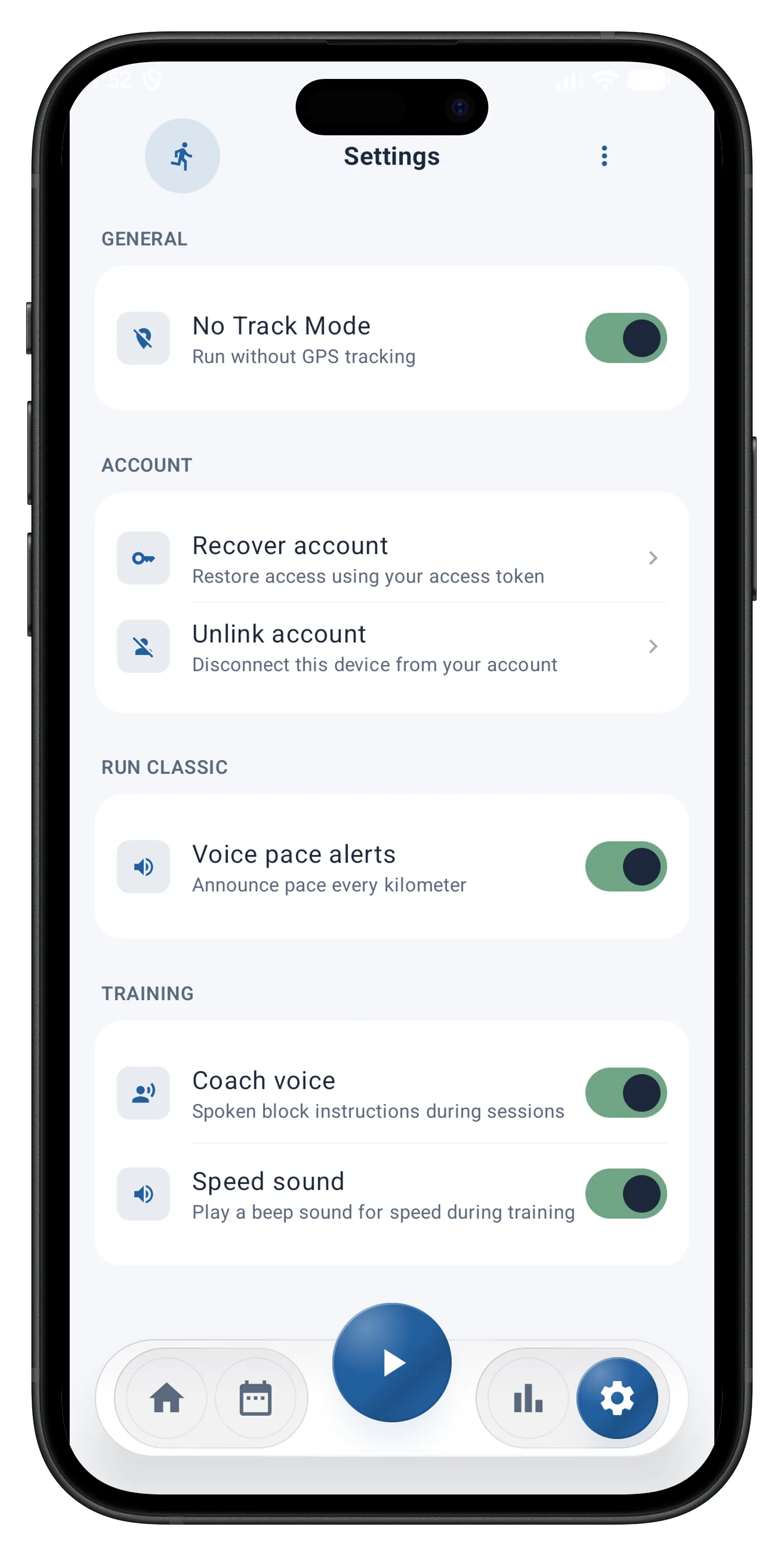 General overview of the Settings screen