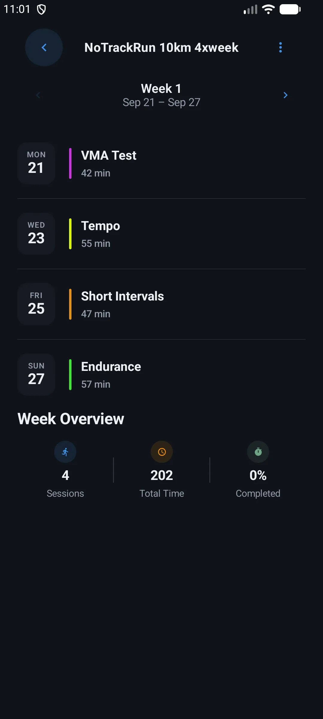 Week navigation header + session list