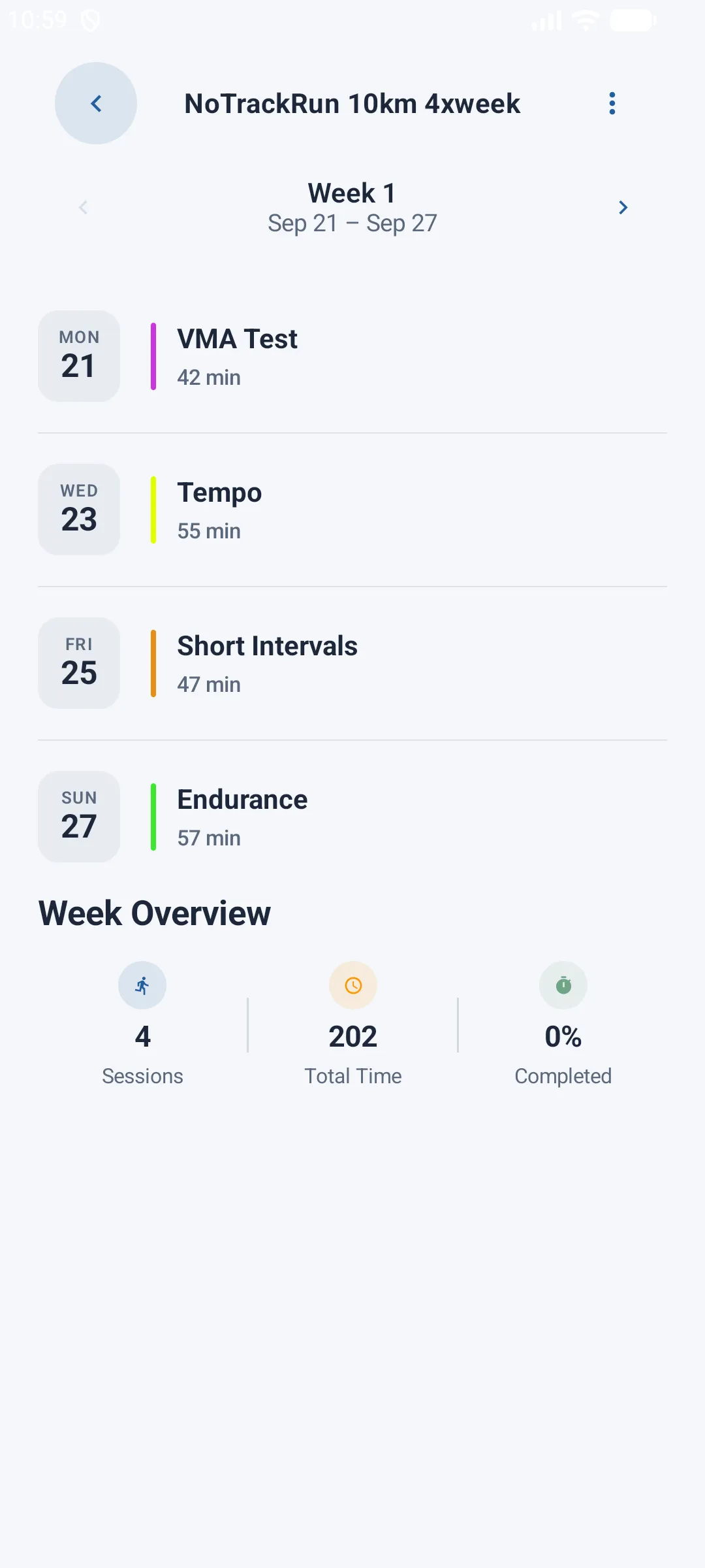 Week navigation header + session list